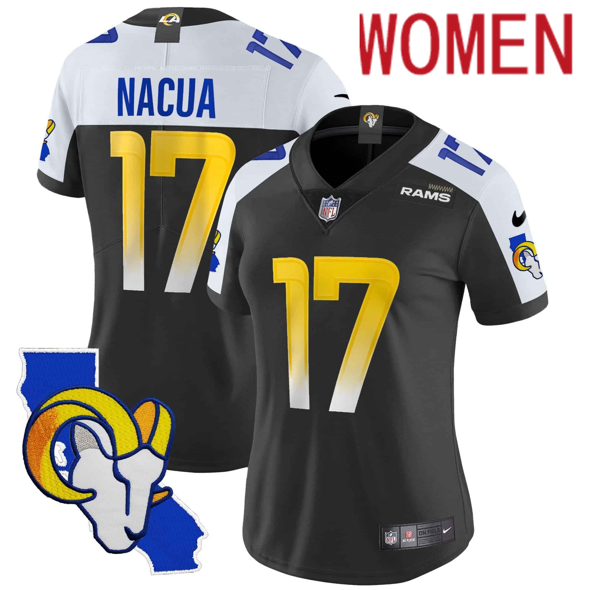 Women Los Angeles Rams #17 Nacua Black 2024 Nike California Patch Vapor Limited NFL Jersey